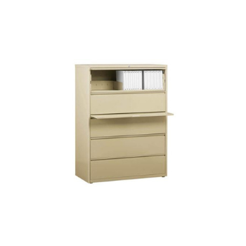 tan file cabinet with four drawers and shelf